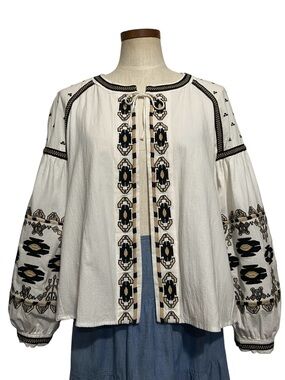 RD & Koko Anthropologie Embroidered Open Tie Front Peasant Top Cropped Jacket